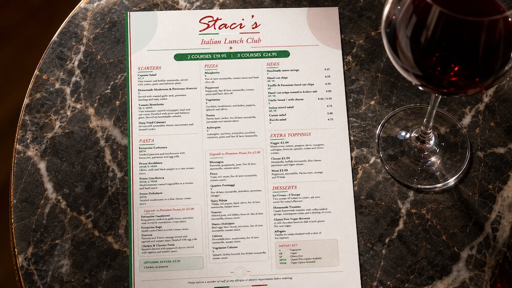 Lunch club menu on a table